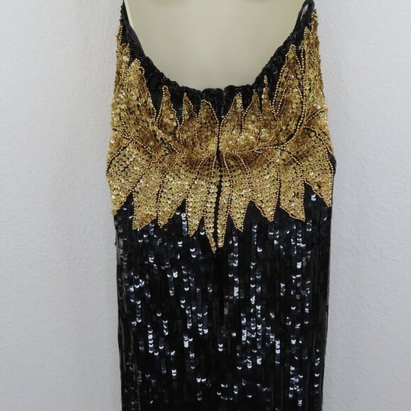 Vintage Nikhil Womens Large Silk Black Gold Sequin Beaded High Neck Dress NEW - Picture 5 of 13